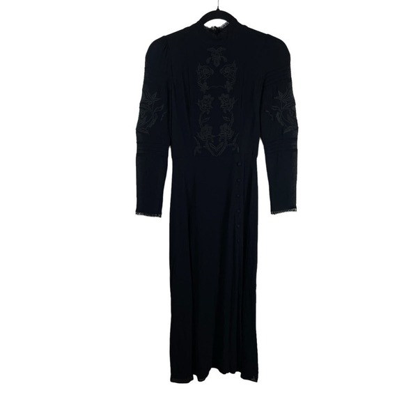 Reformation Adelia Embroidered Mock Neck Long Sleeve Midi Dress Black Size 2 - Picture 1 of 9